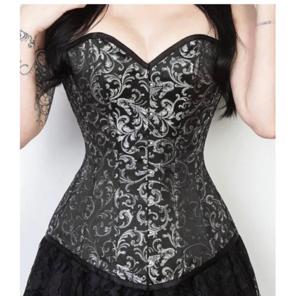 New Silver Brocade Corset Overbust Steel boned Classic Corset sz S